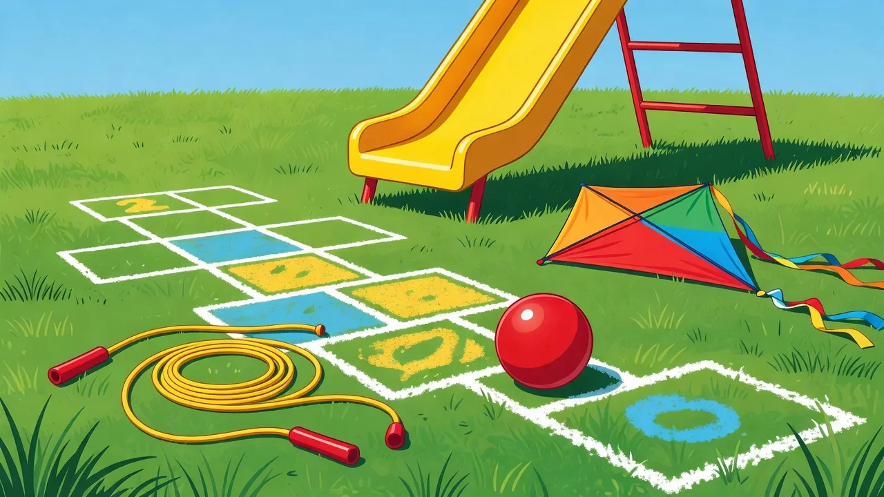 Niños jugando al aire libre en un parque soleado con tiza, cuerdas y pelotas
