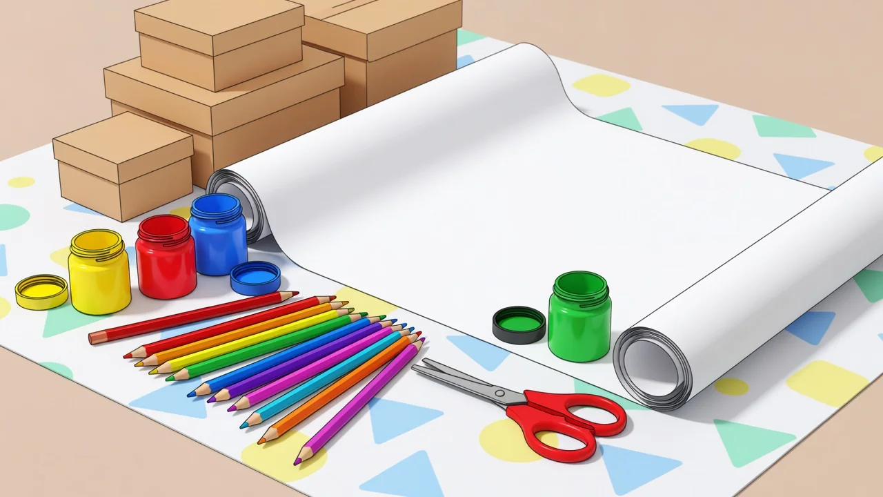 Niños pintando un mural colaborativo en papel kraft extendido en el suelo del salón