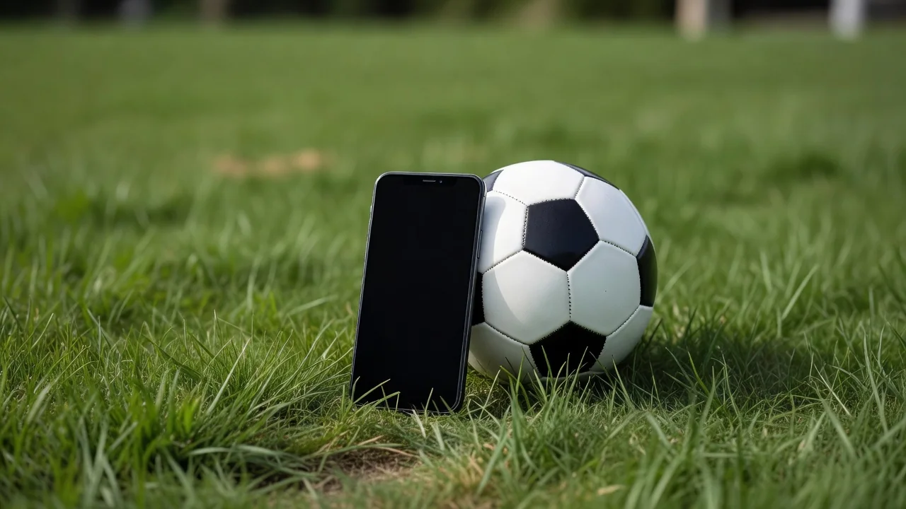 Dos niños jugando un partido de fútbol por turnos en una tablet sentados en el sofá