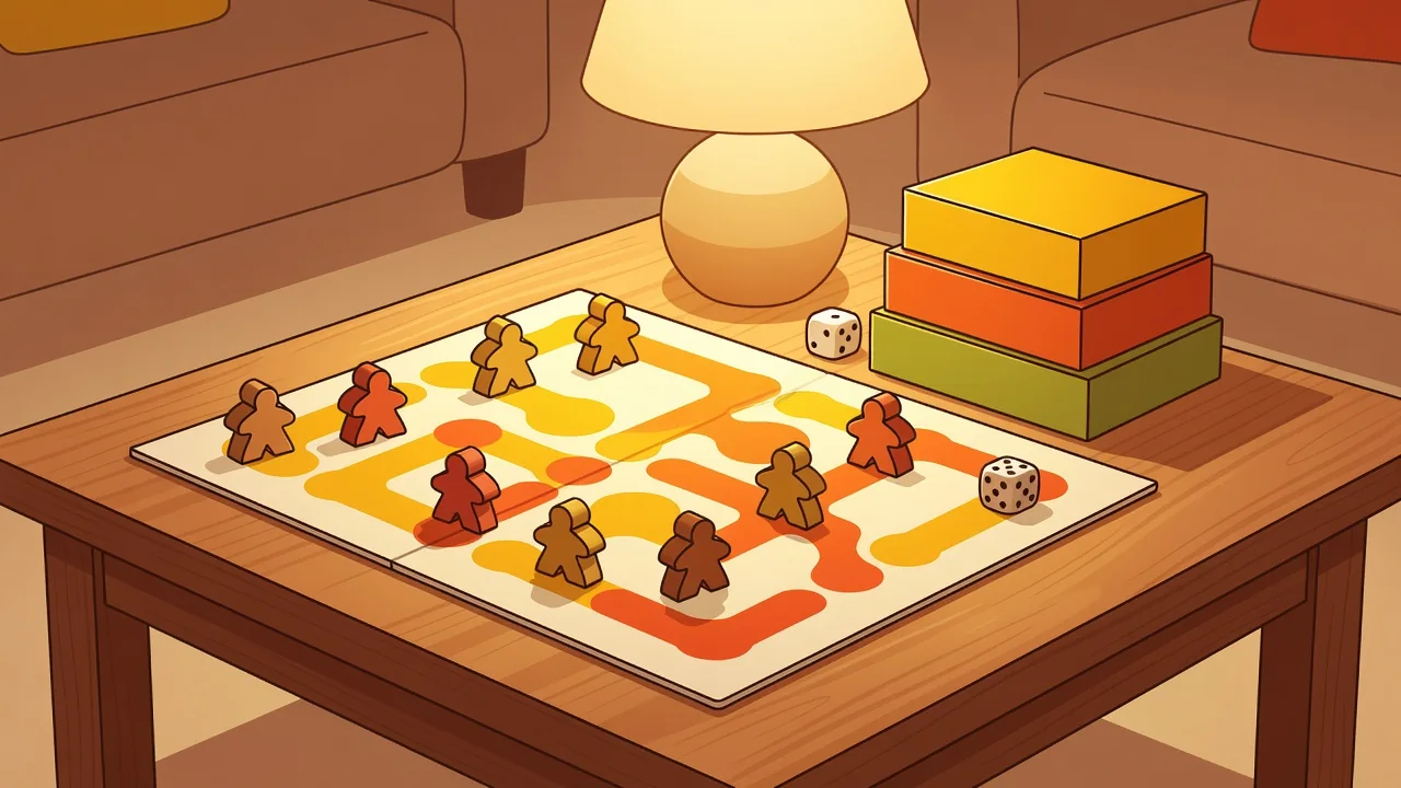Familia jugando un juego de mesa cooperativo en la mesa del salón con risas y concentración