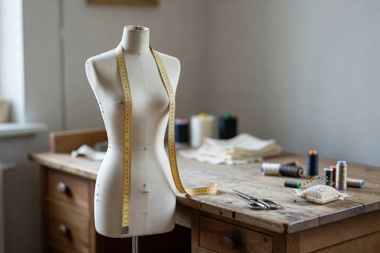 Un maniquí con varias prendas de colores y un espejo de probador