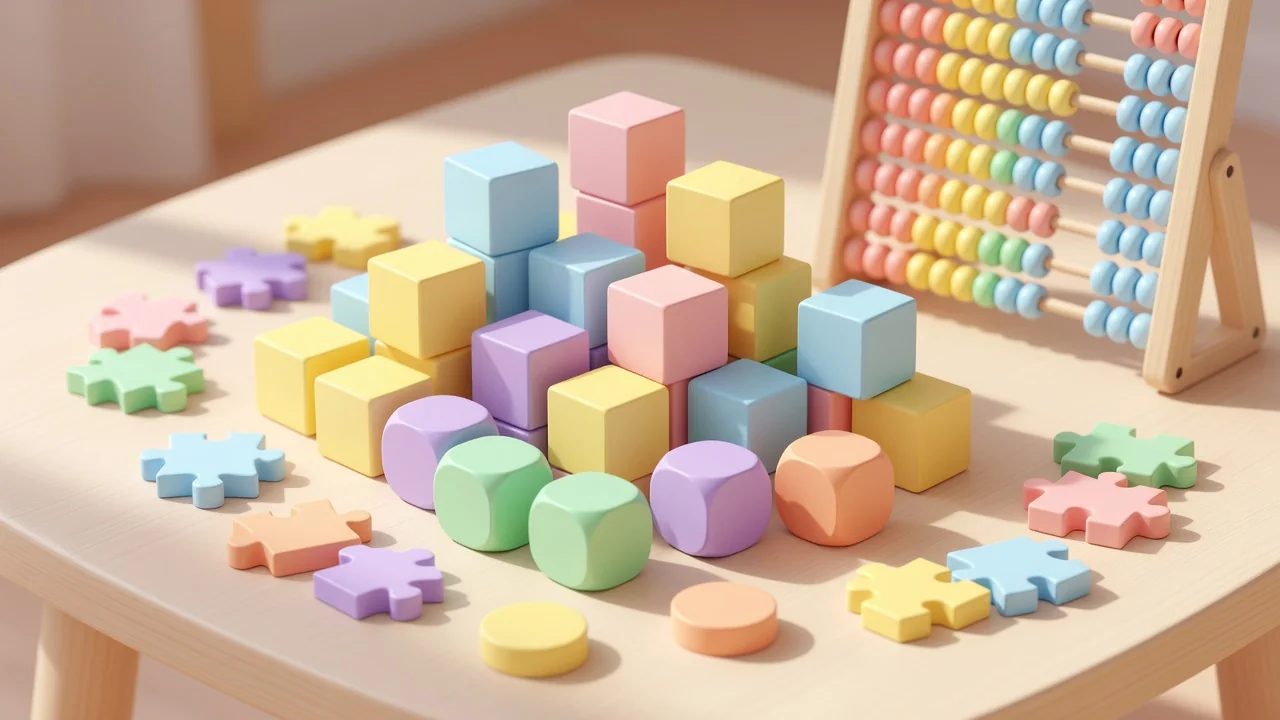 Niños de 7 y 9 años concentrados en un juego de mesa educativo con dados y cartas