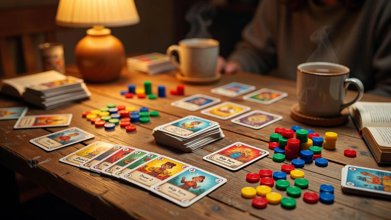 Grupo de amigos adultos riendo mientras juegan a un colorido party game de mesa en una sala iluminada con luces cálidas